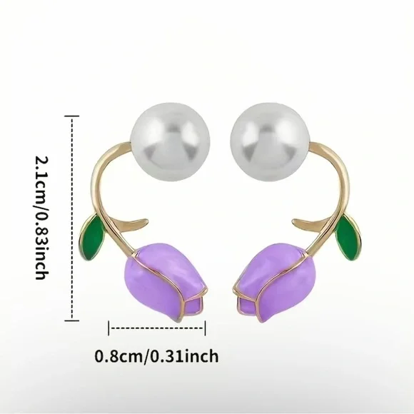 Trendy Elegant Purple Tulip Flower Pearl Stud Earrings, Women's Stud Earrings - Picture 5 of 8